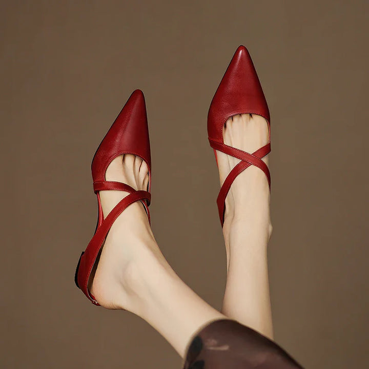 Women's Pointed Toe Mule Shoes with Crisscross Straps and Low Wedge Heel