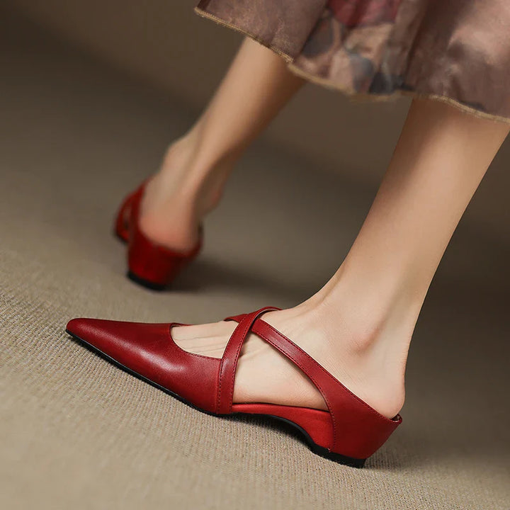 Women's Pointed Toe Mule Shoes with Crisscross Straps and Low Wedge Heel
