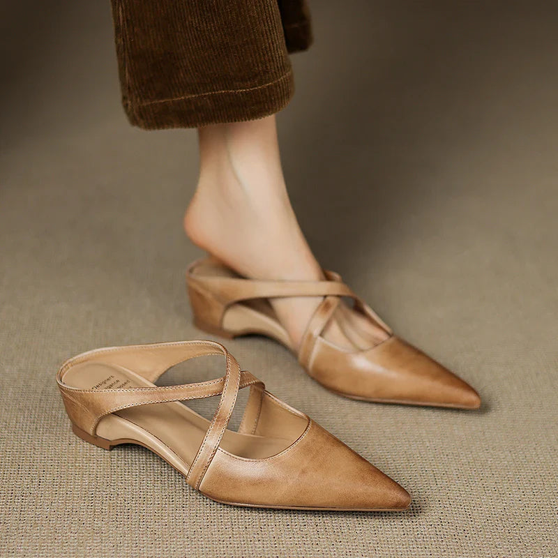 Women's Pointed Toe Mule Shoes with Crisscross Straps and Low Wedge Heel