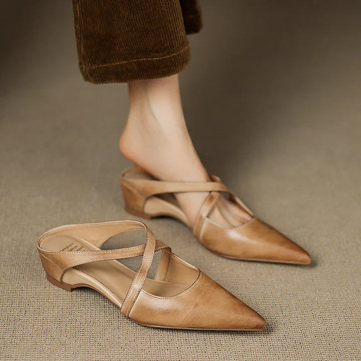 Women's Pointed Toe Mule Shoes with Crisscross Straps and Low Wedge Heel