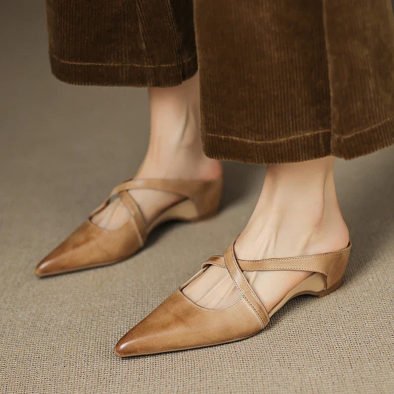 Women's Pointed Toe Mule Shoes with Crisscross Straps and Low Wedge Heel