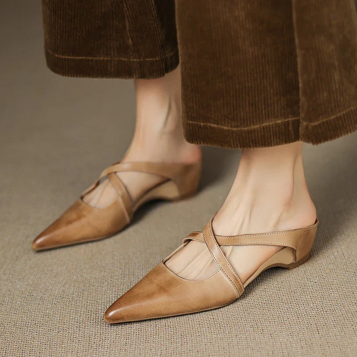 Women's Pointed Toe Mule Shoes with Crisscross Straps and Low Wedge Heel