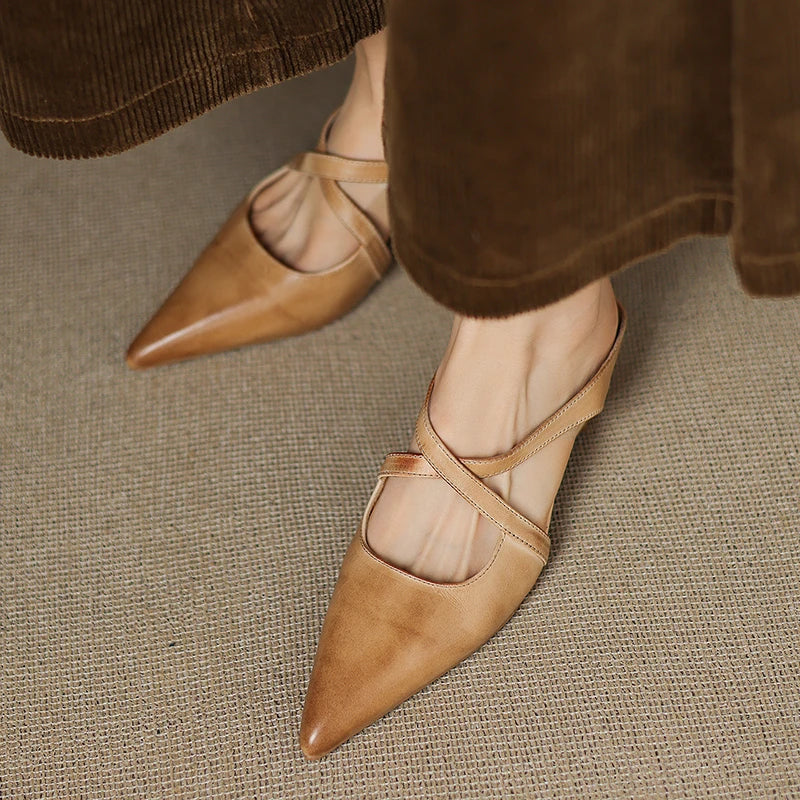 Women's Pointed Toe Mule Shoes with Crisscross Straps and Low Wedge Heel
