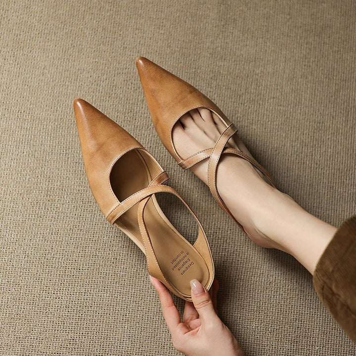 Women's Pointed Toe Mule Shoes with Crisscross Straps and Low Wedge Heel