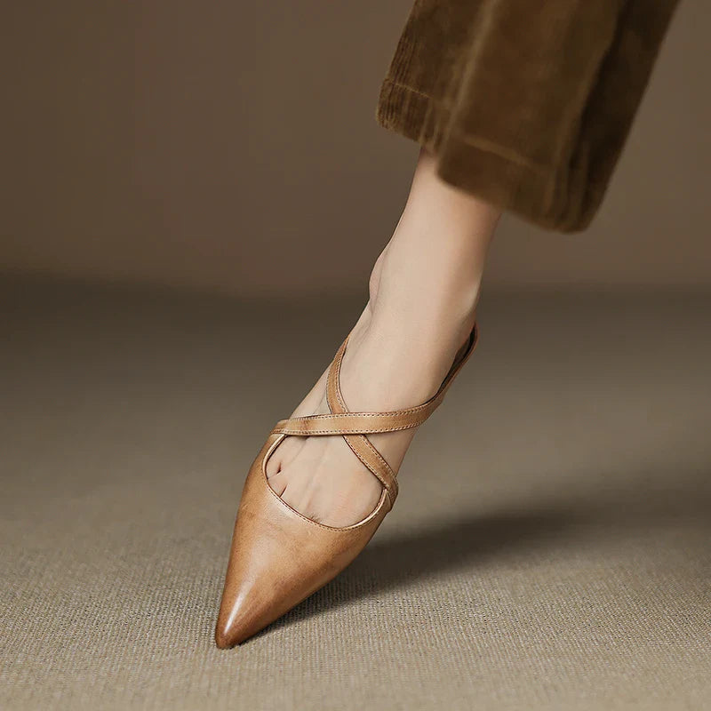 Women's Pointed Toe Mule Shoes with Crisscross Straps and Low Wedge Heel