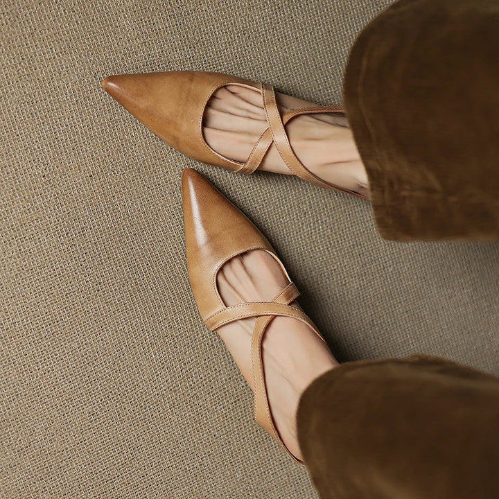 Women's Pointed Toe Mule Shoes with Crisscross Straps and Low Wedge Heel