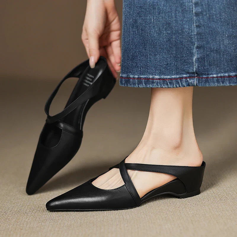 Women's Pointed Toe Mule Shoes with Crisscross Straps and Low Wedge Heel
