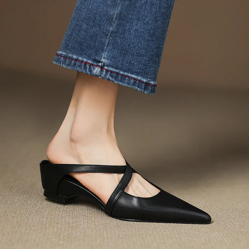 Women's Pointed Toe Mule Shoes with Crisscross Straps and Low Wedge Heel
