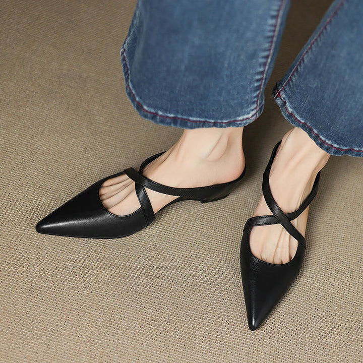 Women's Pointed Toe Mule Shoes with Crisscross Straps and Low Wedge Heel