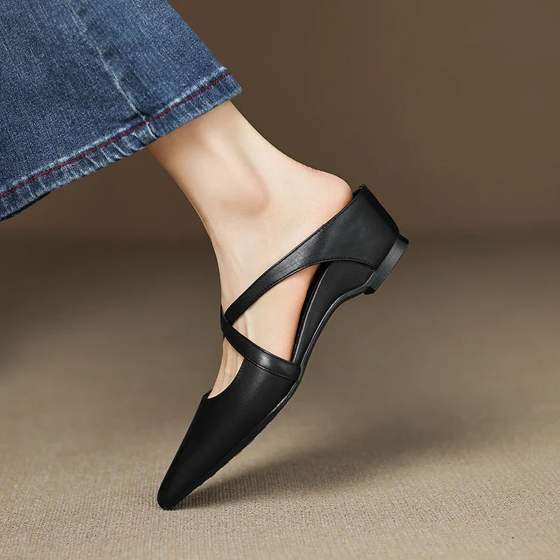 Women's Pointed Toe Mule Shoes with Crisscross Straps and Low Wedge Heel