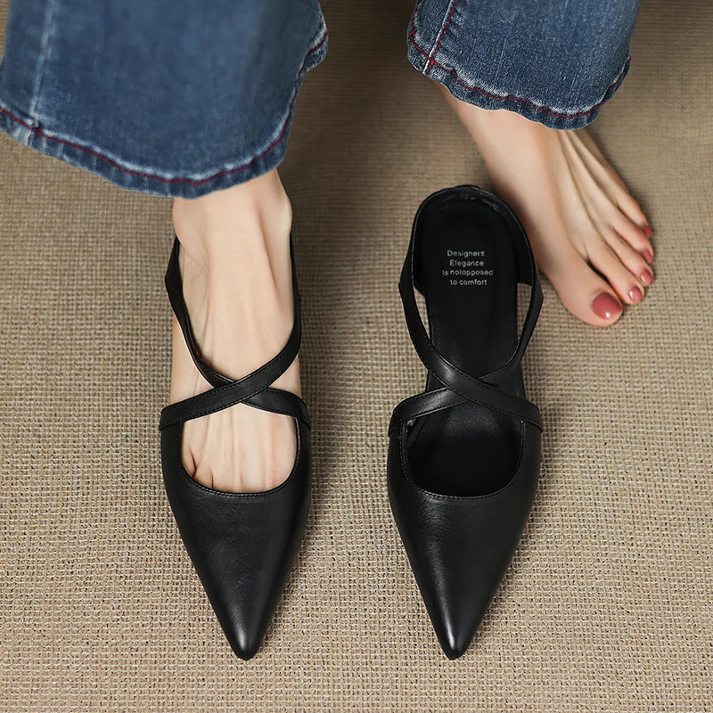Women's Pointed Toe Mule Shoes with Crisscross Straps and Low Wedge Heel