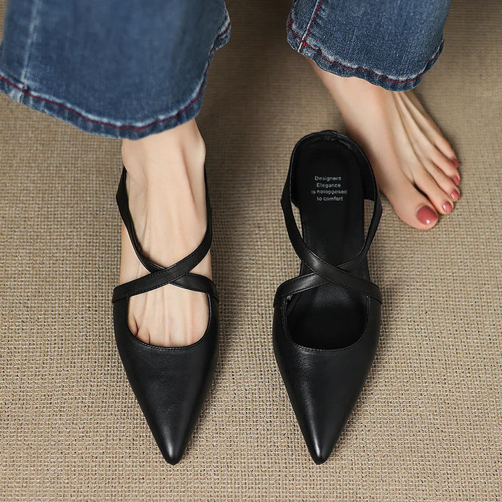 Women's Pointed Toe Mule Shoes with Crisscross Straps and Low Wedge Heel