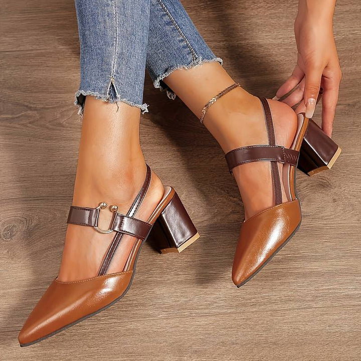 Women's Pointed Toe Slingback Block Heels with Adjustable Straps and Buckle Detail