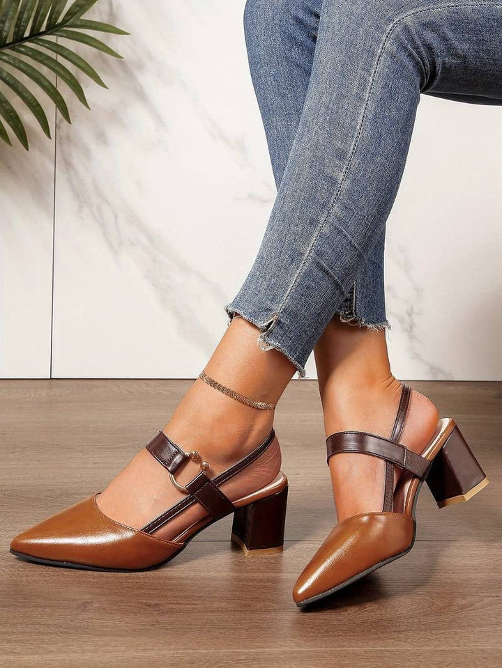Women's Pointed Toe Slingback Block Heels with Adjustable Straps and Buckle Detail