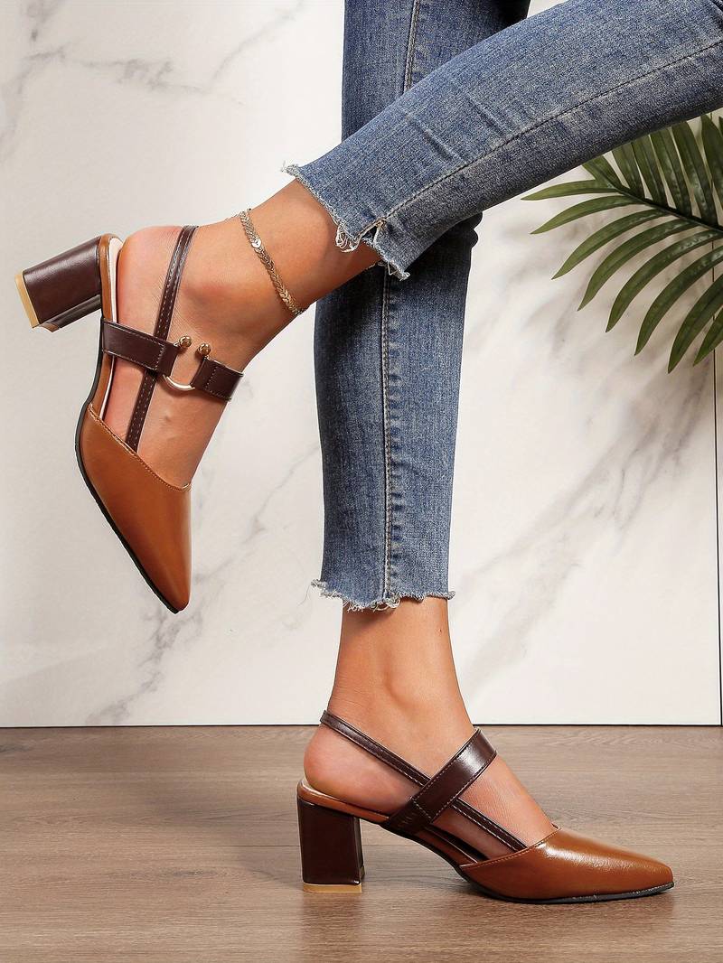 Women's Pointed Toe Slingback Block Heels with Adjustable Straps and Buckle Detail