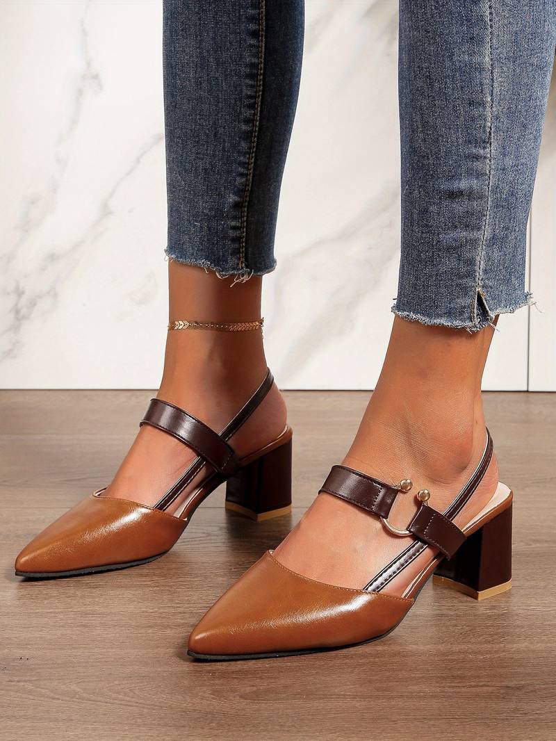 Women's Pointed Toe Slingback Block Heels with Adjustable Straps and Buckle Detail