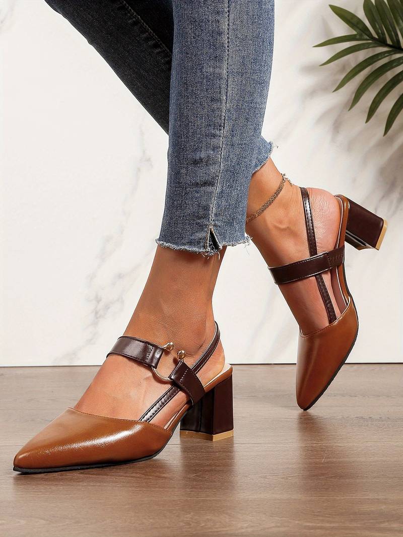 Women's Pointed Toe Slingback Block Heels with Adjustable Straps and Buckle Detail