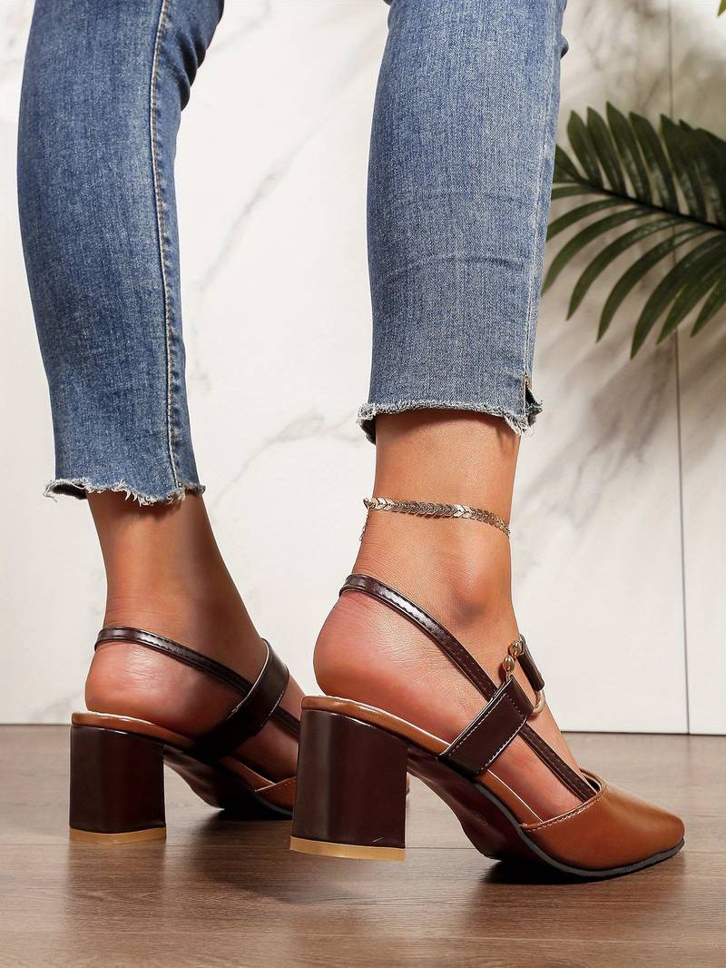 Women's Pointed Toe Slingback Block Heels with Adjustable Straps and Buckle Detail