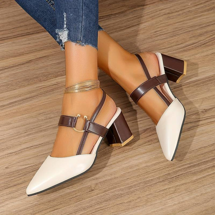 Women's Pointed Toe Slingback Block Heels with Adjustable Straps and Buckle Detail