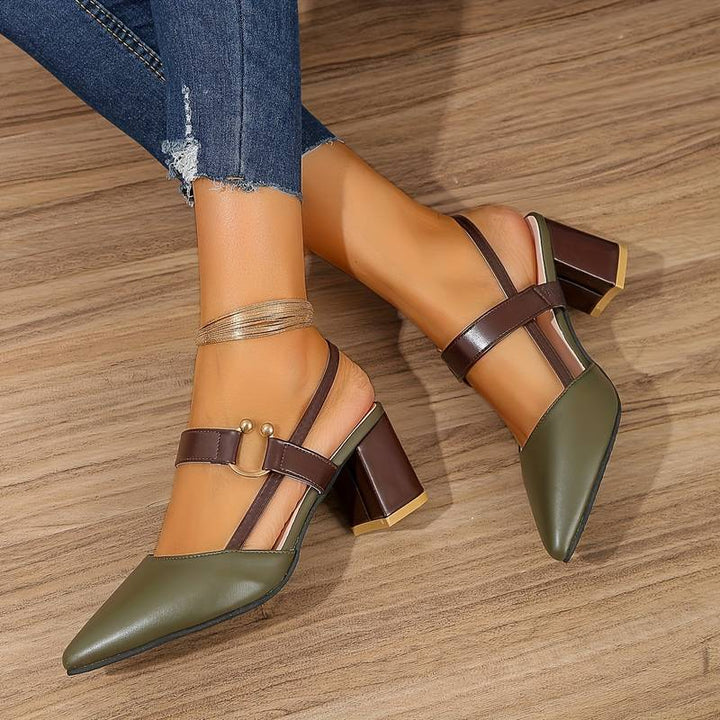 Women's Pointed Toe Slingback Block Heels with Adjustable Straps and Buckle Detail