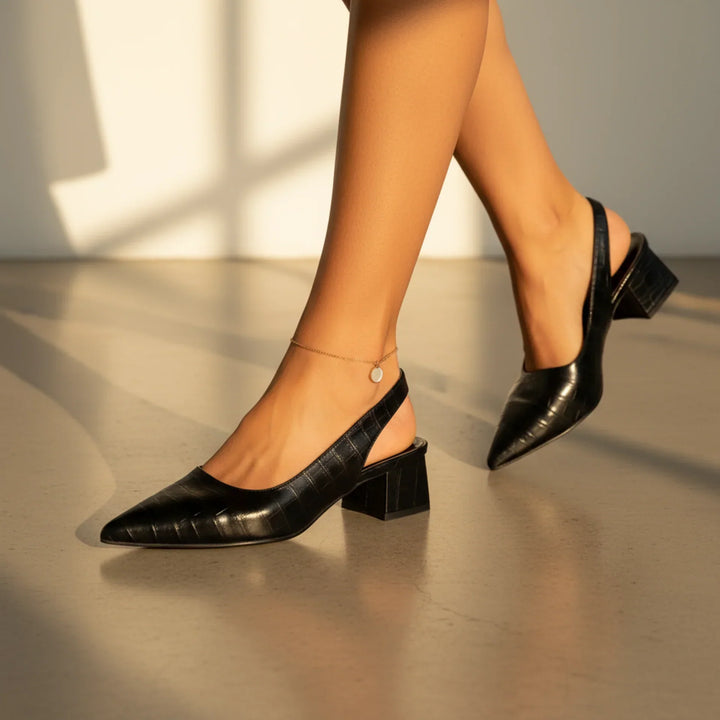 Women’s Pointed Toe Slingback Heels with Embossed Pattern and Block Heel