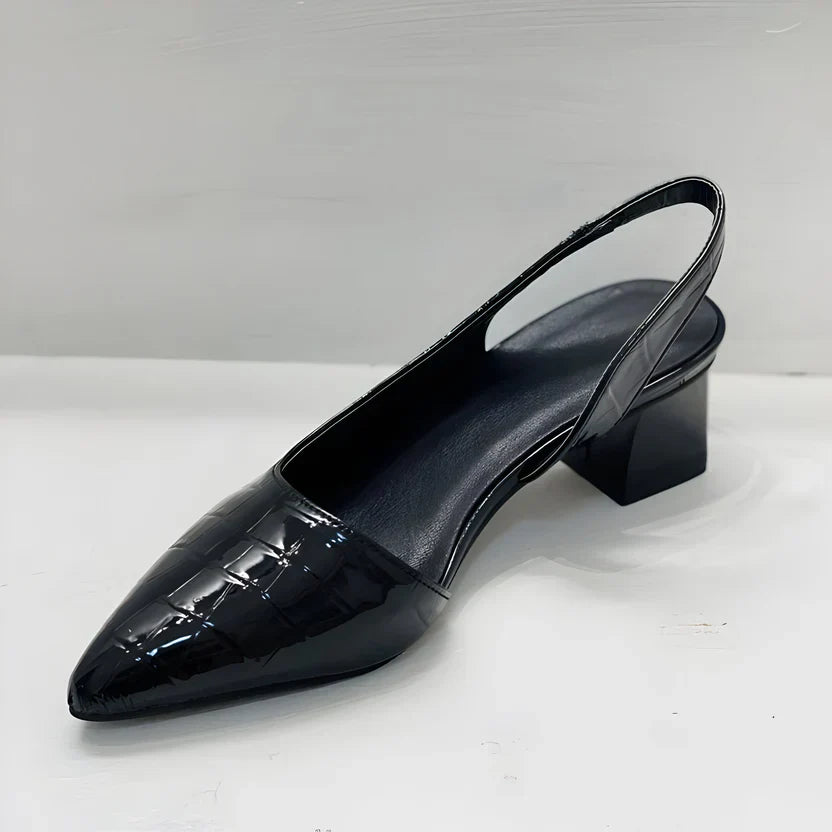 Women’s Pointed Toe Slingback Heels with Embossed Pattern and Block Heel
