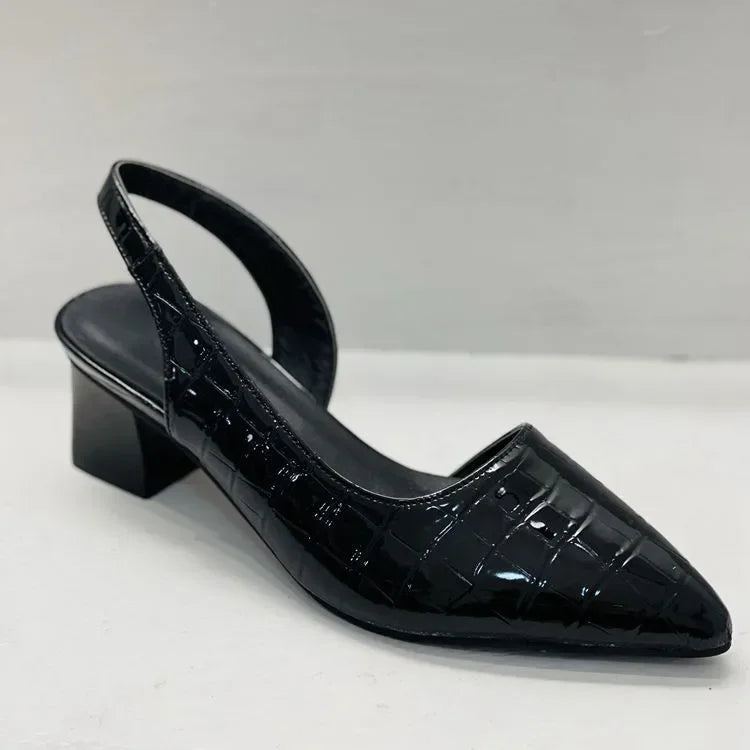 Women’s Pointed Toe Slingback Heels with Embossed Pattern and Block Heel