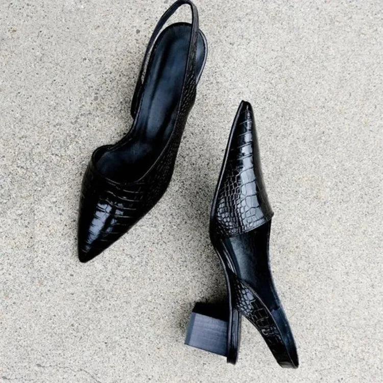 Women’s Pointed Toe Slingback Heels with Embossed Pattern and Block Heel