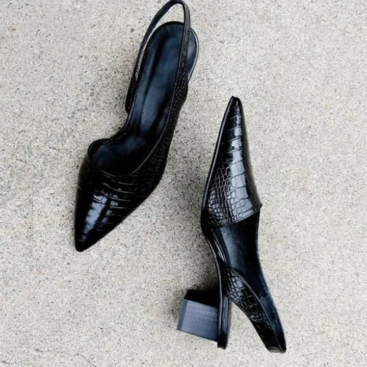 Women’s Pointed Toe Slingback Heels with Embossed Pattern and Block Heel