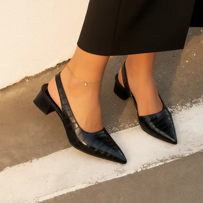 Women’s Pointed Toe Slingback Heels with Embossed Pattern and Block Heel