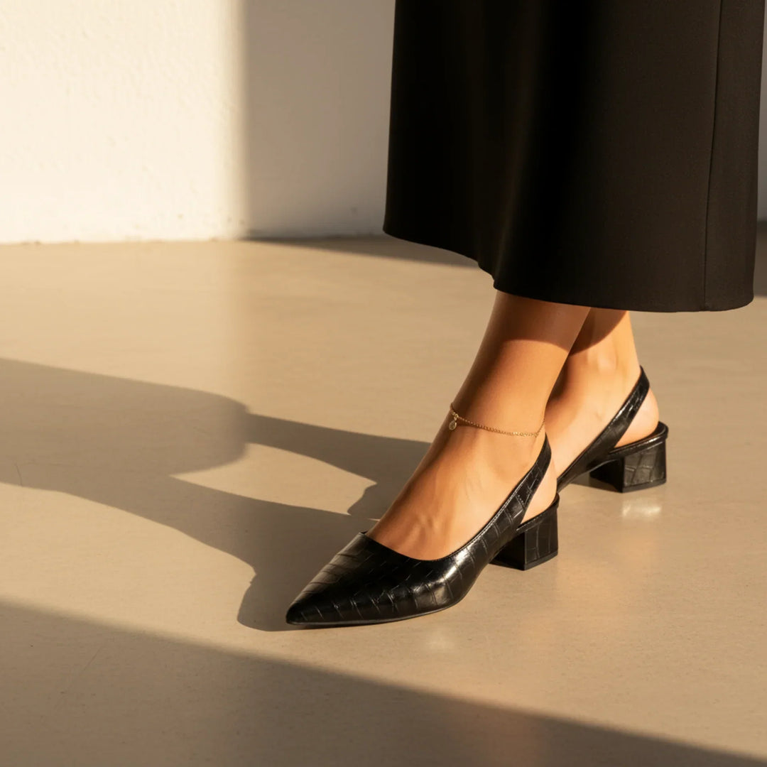 Women’s Pointed Toe Slingback Heels with Embossed Pattern and Block Heel