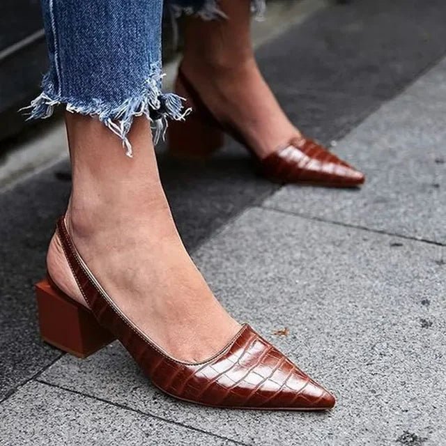 Women’s Pointed Toe Slingback Heels with Embossed Pattern and Block Heel
