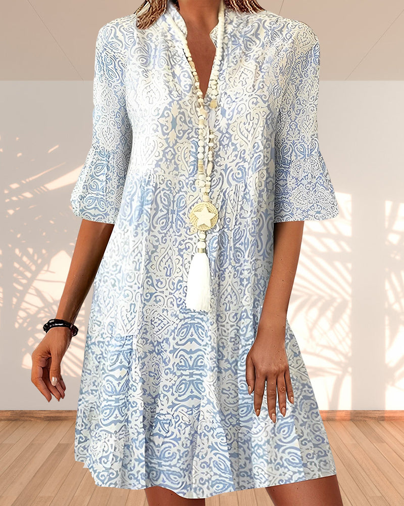 Women's Printed Mini Dress with Flared Sleeves and V-Neckline