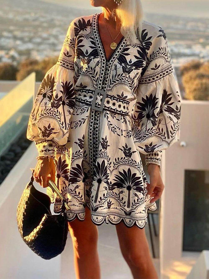 Women’s Printed Mini Dress with V-Neck and Long Balloon Sleeves