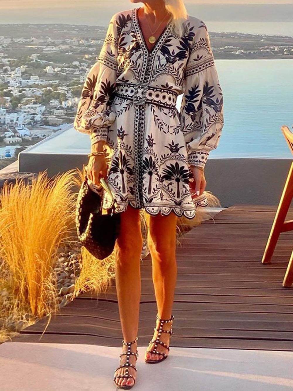 Women’s Printed Mini Dress with V-Neck and Long Balloon Sleeves