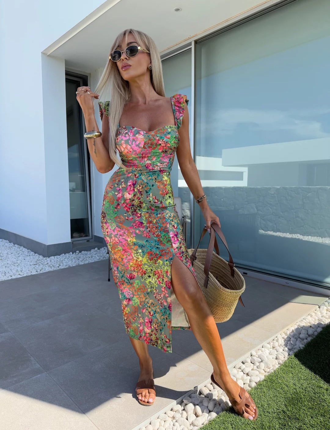 Women’s Printed Sweetheart Midi Dress with Ruffle Straps and Side Slit