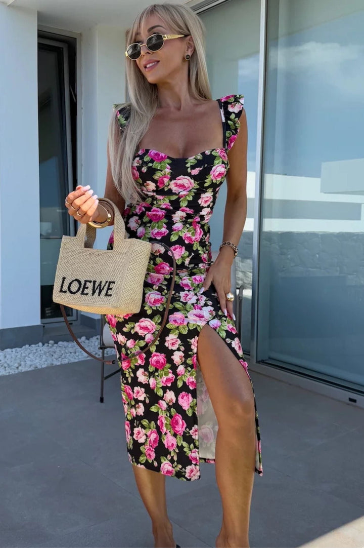 Women’s Printed Sweetheart Midi Dress with Ruffle Straps and Side Slit