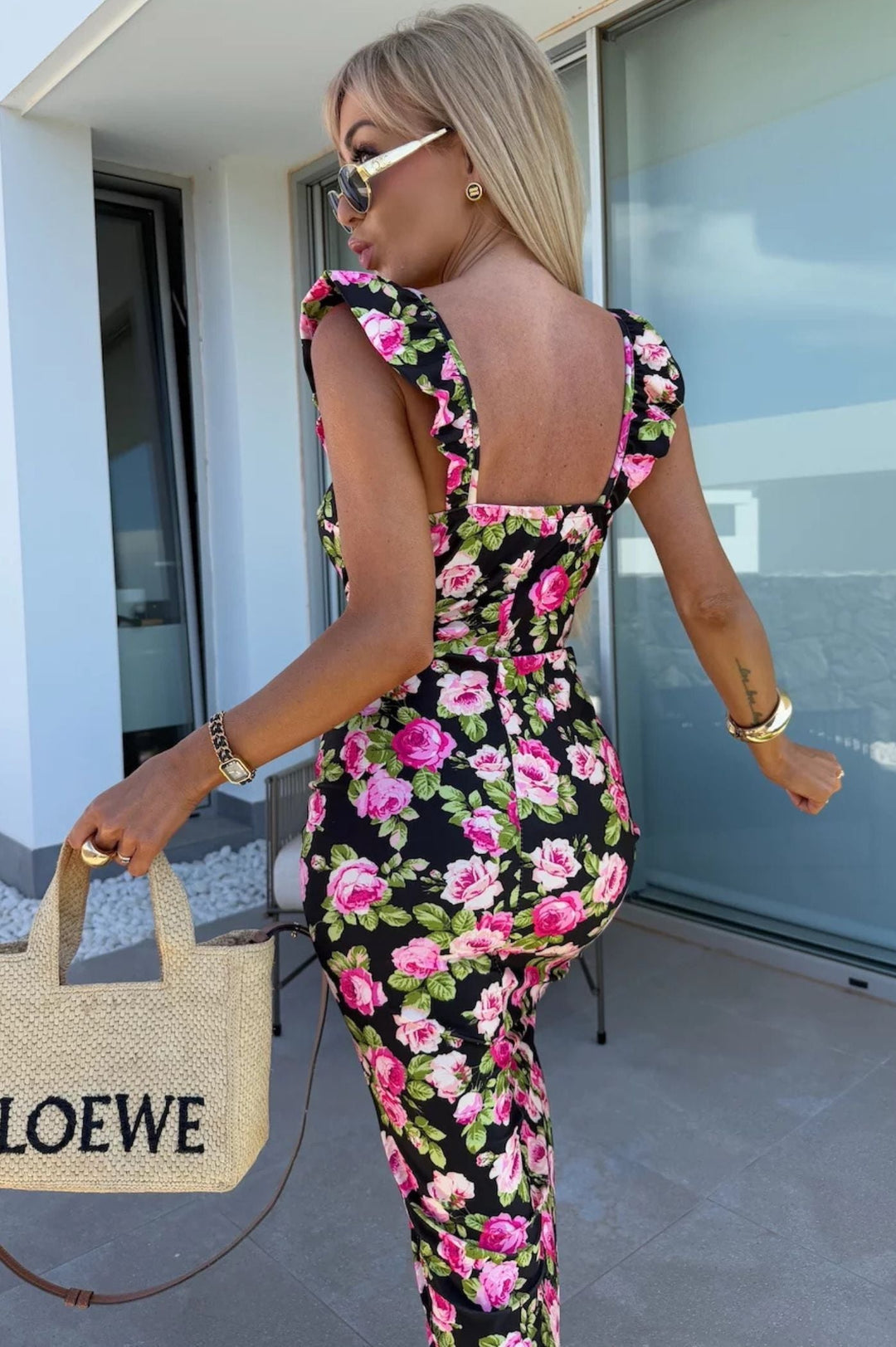 Women’s Printed Sweetheart Midi Dress with Ruffle Straps and Side Slit