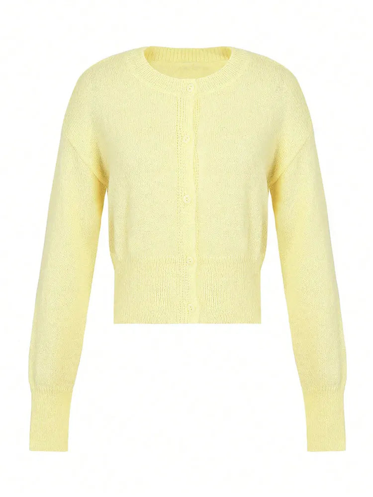 Women’s Round Neck Cardigan with Button Front and Long Sleeves