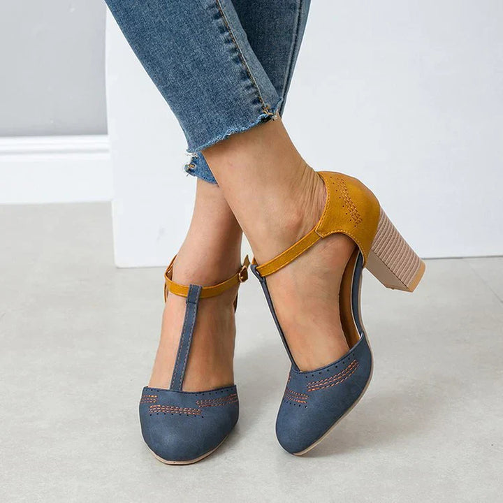 Women's Round Toe Block Heels with T-Strap  and Adjustable Ankle Straps