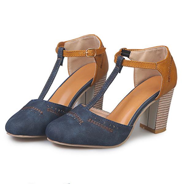 Women's Round Toe Block Heels with T-Strap  and Adjustable Ankle Straps