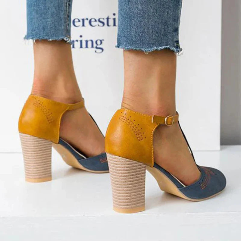 Women's Round Toe Block Heels with T-Strap  and Adjustable Ankle Straps