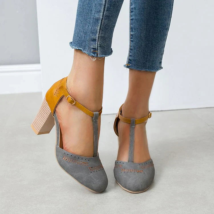 Women's Round Toe Block Heels with T-Strap  and Adjustable Ankle Straps