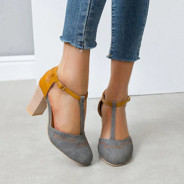 Women's Round Toe Block Heels with T-Strap  and Adjustable Ankle Straps