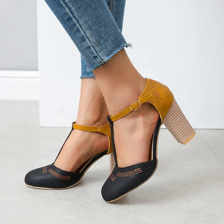 Women's Round Toe Block Heels with T-Strap  and Adjustable Ankle Straps