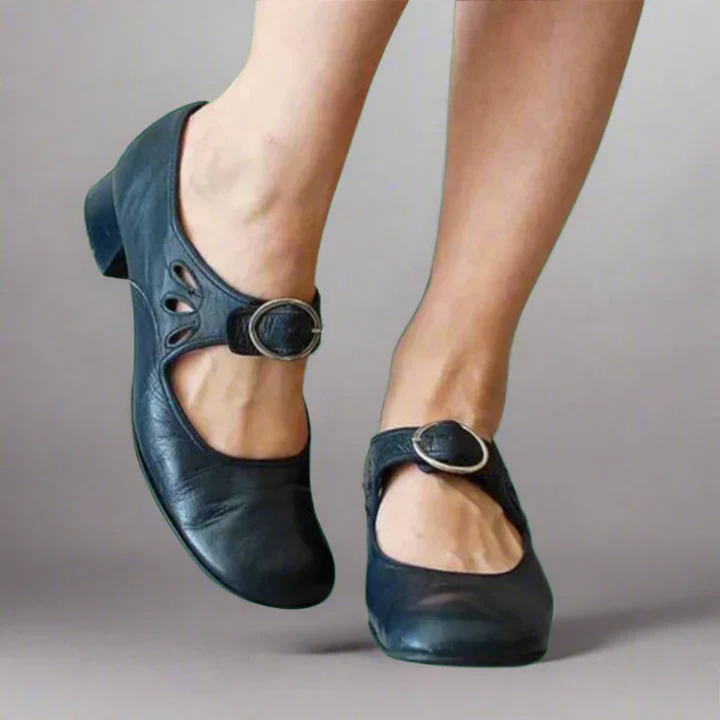 Women's Round Toe Shoes with Buckle Strap and Block Heel