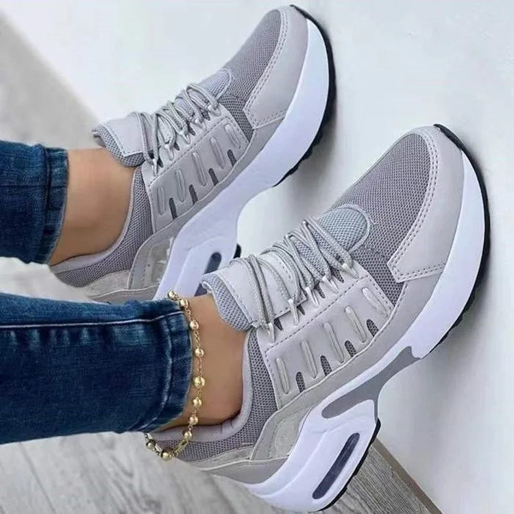 Women's Rounded Toe Sneakers with Lace Up and Mesh Overlays