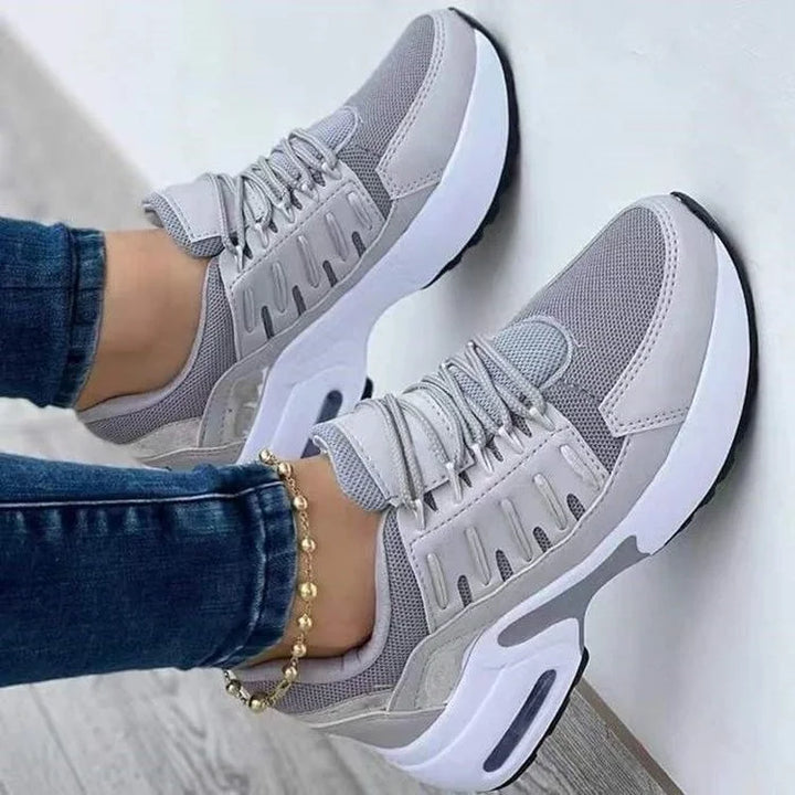 Women's Rounded Toe Sneakers with Lace Up and Mesh Overlays