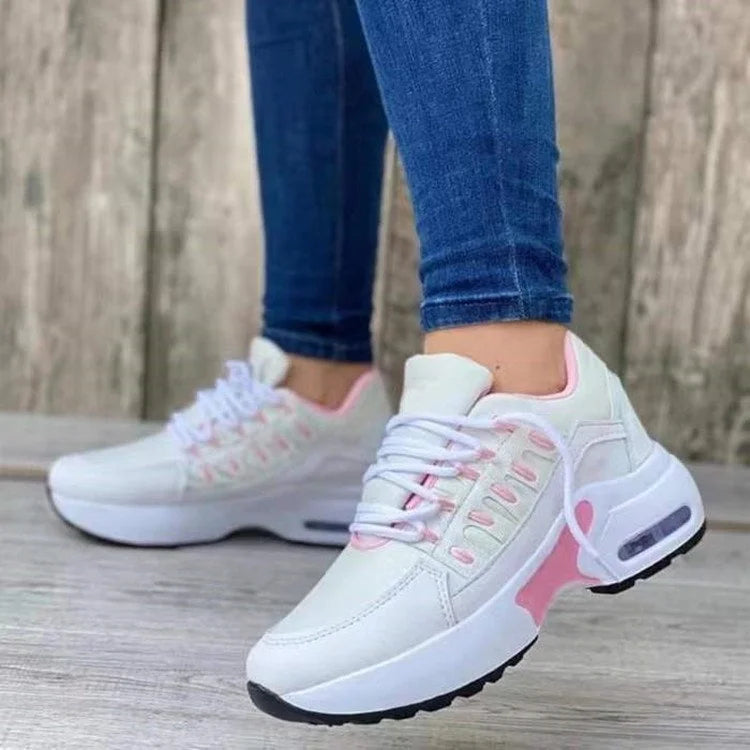 Women's Rounded Toe Sneakers with Lace Up and Mesh Overlays
