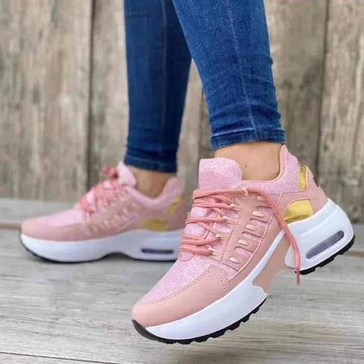 Women's Rounded Toe Sneakers with Lace Up and Mesh Overlays